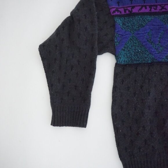 Vintage Kinetixx Black Purple Knit Sweater Retro Geometric Eclectic Grandpa L - Picture 7 of 10